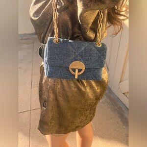 VANESSA BRUNO BLUE DENIM MOON BAG WITH GOLD HARDWARE